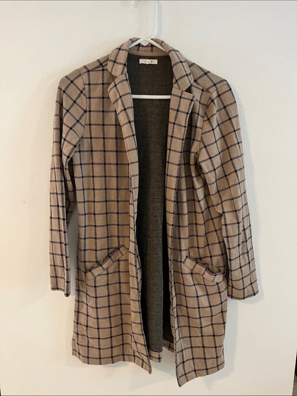 Windowpane Plaid Long Blazer Jacket in Tan